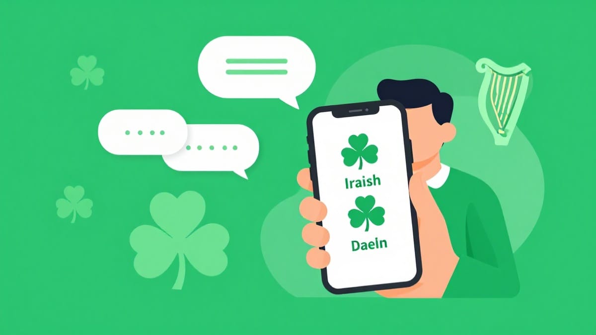 Beginner learning Irish Gaelic on smartphone with shamrock symbols