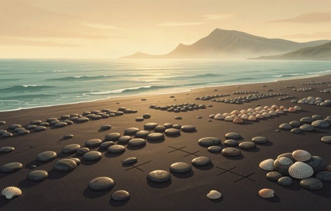 Smooth pebbles arranged in rows on a Hebridean beach, illustrating counting in Scottish Gaelic