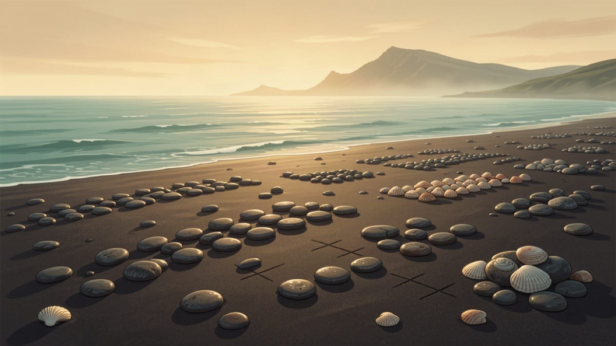 Smooth pebbles arranged in rows on a Hebridean beach, illustrating counting in Scottish Gaelic