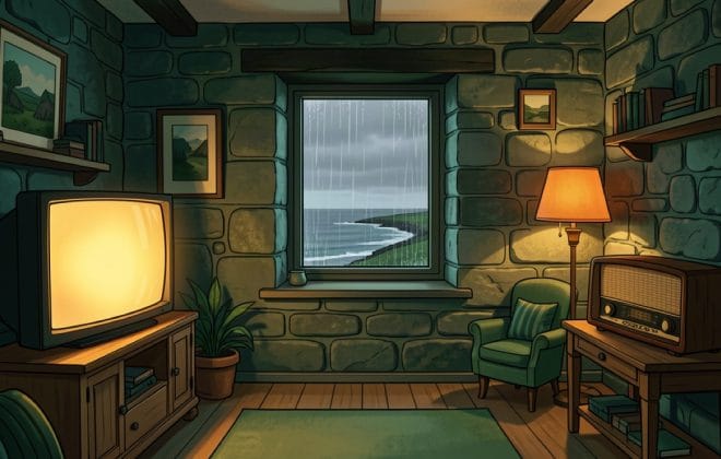 Television and vintage radio in an Irish cottage, illustrating learning Irish Gaelic