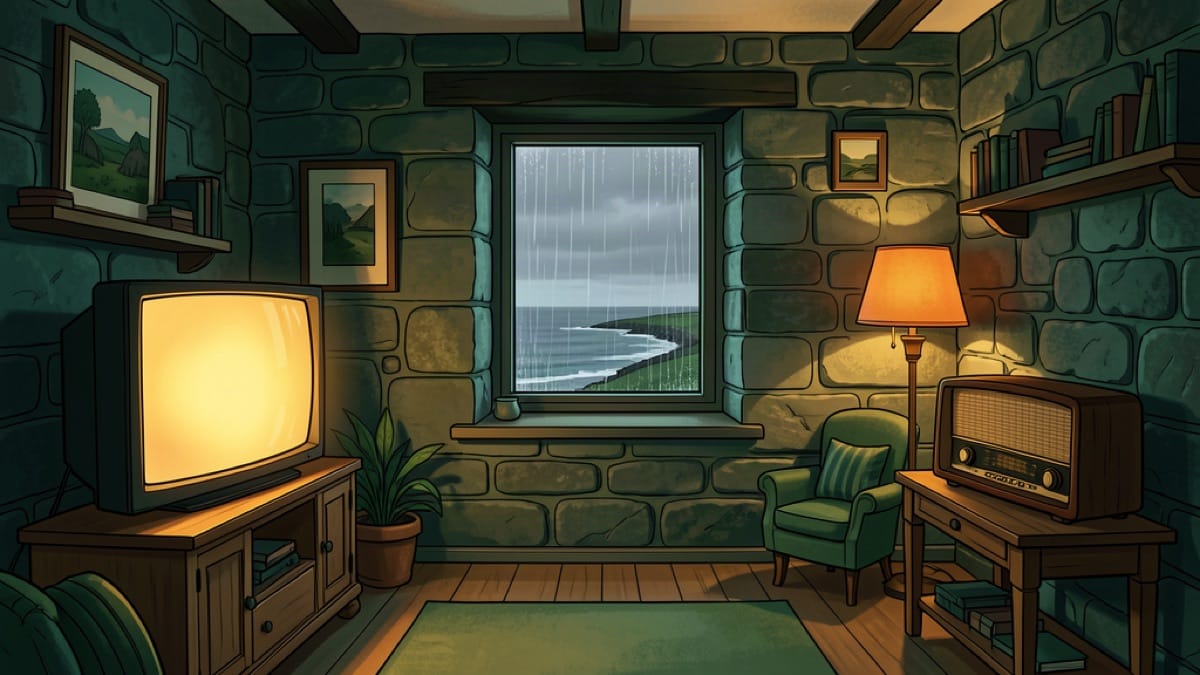 Television and vintage radio in an Irish cottage, illustrating learning Irish Gaelic