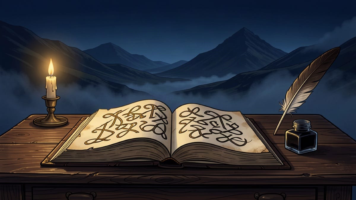 Antique manuscript with flowing Gaelic-style script, illustrating Scottish Gaelic spelling