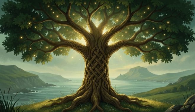 Celtic knotwork tree branching over a misty coastal landscape