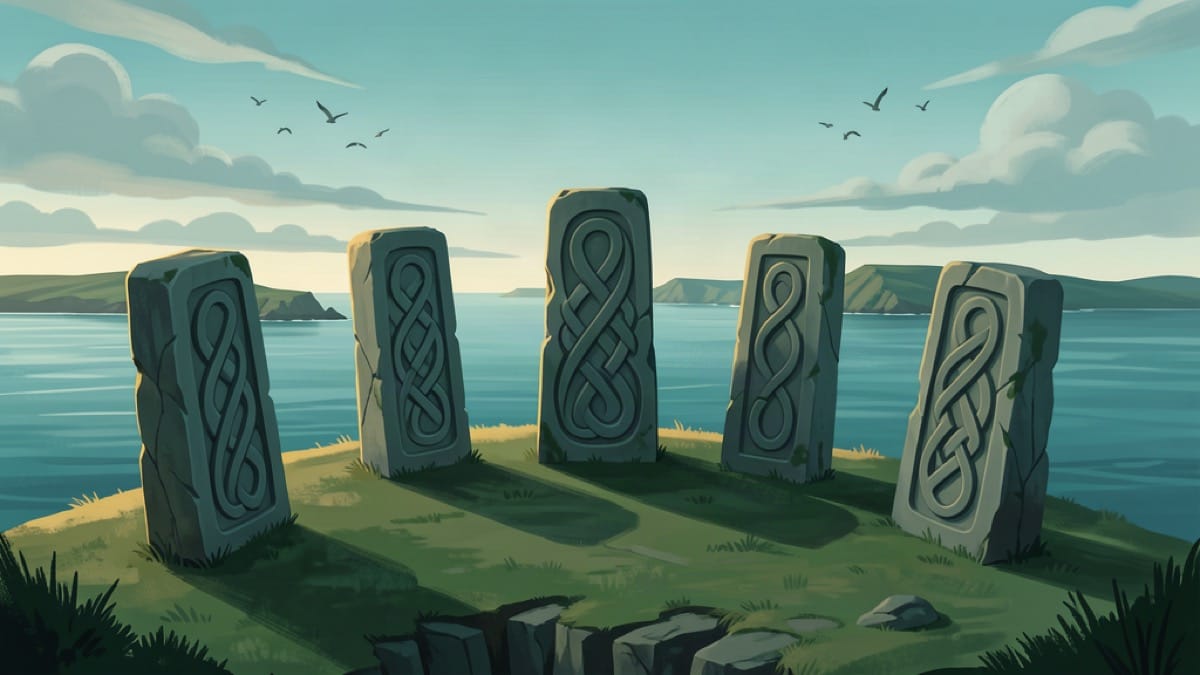 Six carved standing stones in an arc on a green coastal cliff