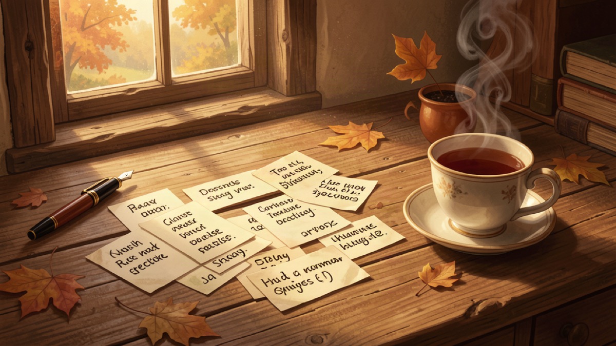 Rustic desk with handwritten grammar flashcards, a fountain pen and tea by a cottage window