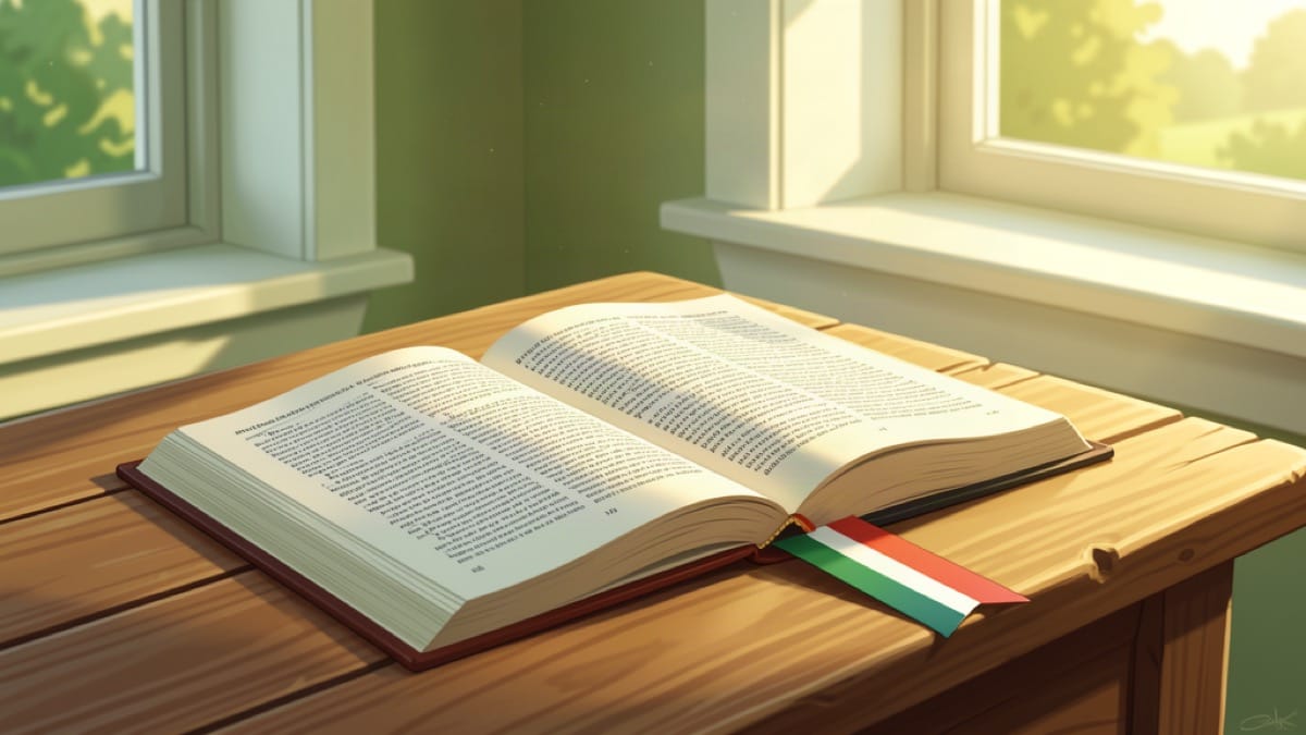 Open Irish language textbook with a tricolour bookmark on a wooden table by a sunlit window