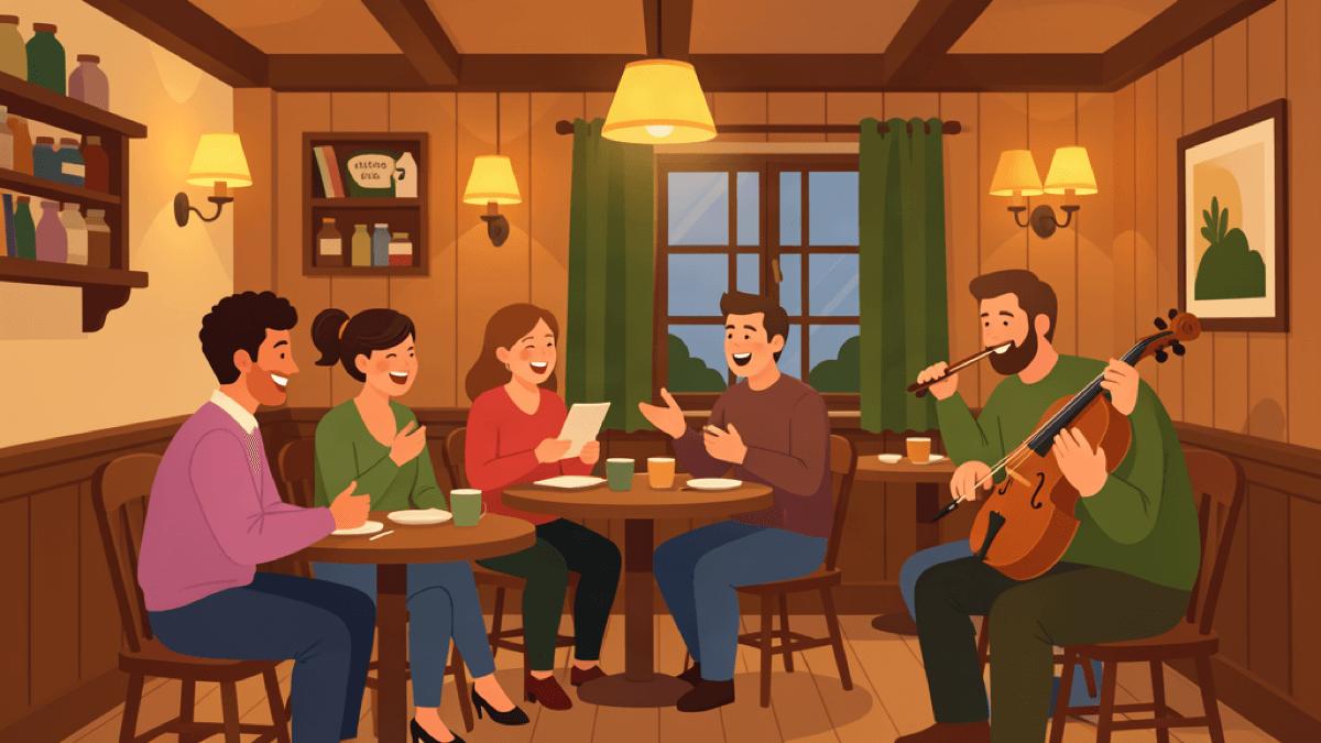 Warm illustration of a traditional Irish pub with friends chatting and a fiddler