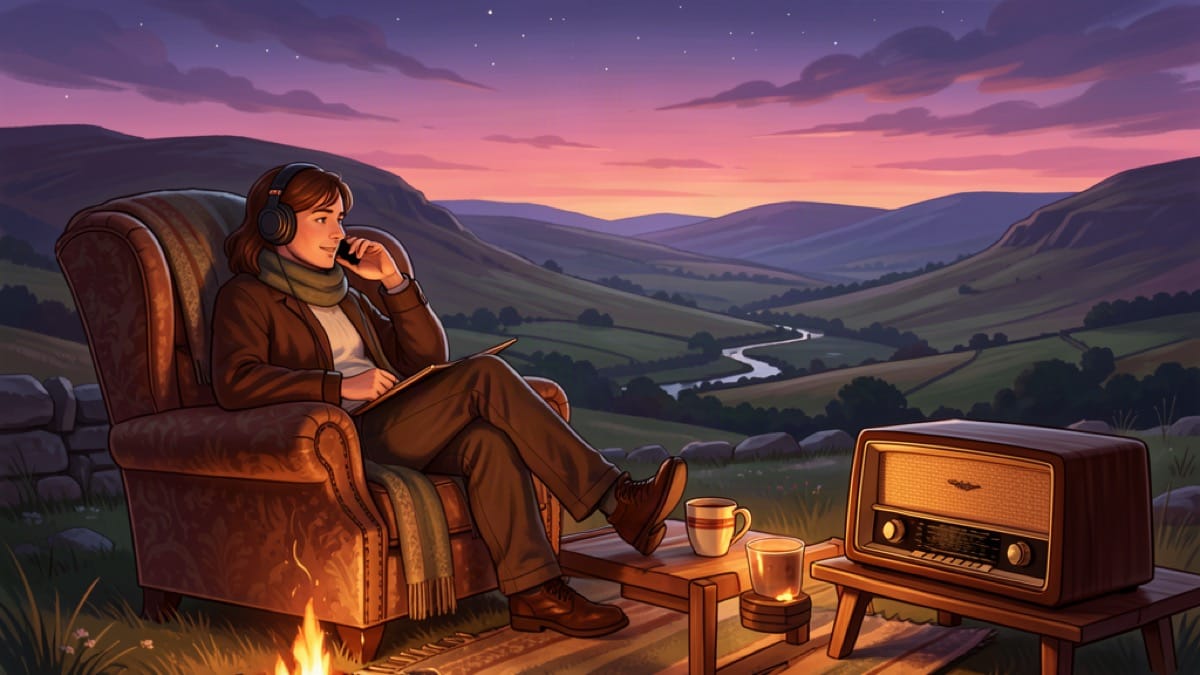 Relaxed person in a fireside armchair listening to a podcast with headphones, radio and tea