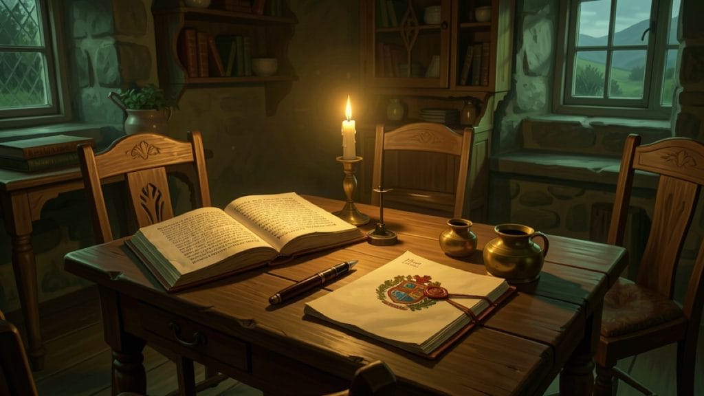 Candlelit Highland desk with an open Gaelic grammar book, brass inkwell and a wax-sealed letter, warm amber light