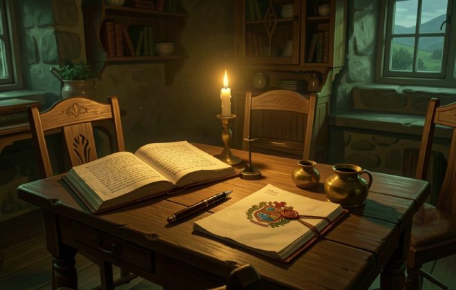 Candlelit Highland desk with an open Gaelic grammar book, brass inkwell and a wax-sealed letter, warm amber light