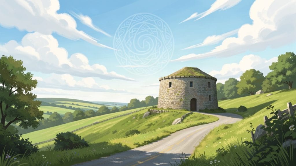 Round Irish stone tower on a green hillside with a winding road, bright sky and a subtle Celtic spiral