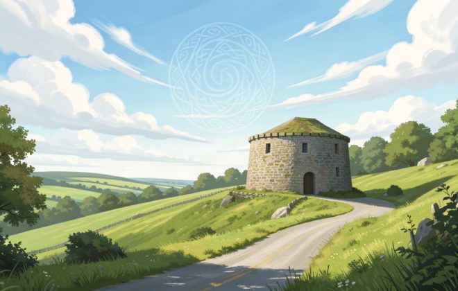 Round Irish stone tower on a green hillside with a winding road, bright sky and a subtle Celtic spiral