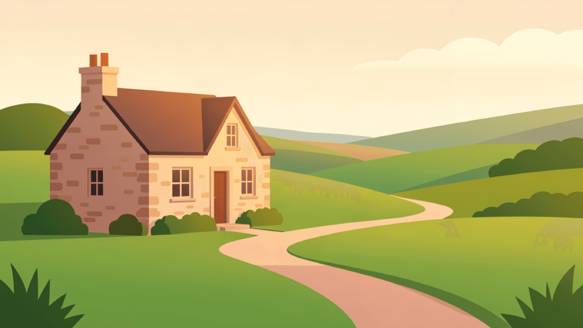 Illustration of Irish countryside with a stone cottage and rolling green fields