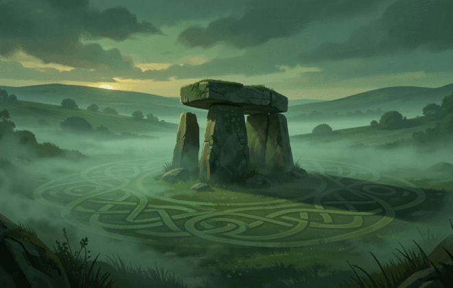 Misty Irish mythological landscape with a dolmen