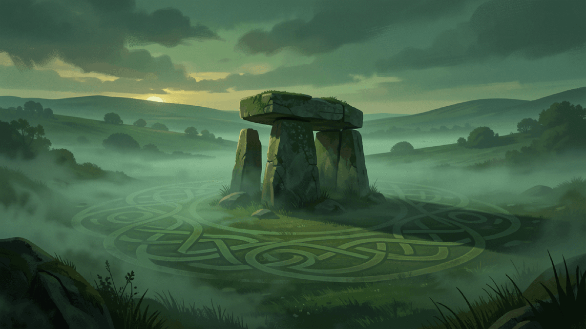 Misty Irish mythological landscape with a dolmen