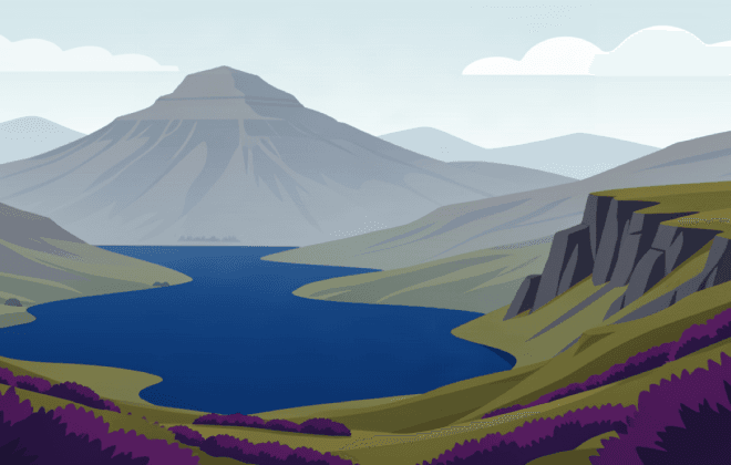 Illustration of Scottish landscape with a loch, glen and ben, mountains and purple heather