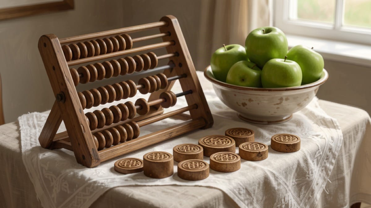 A wooden abacus and carved Celtic counting tokens on a linen-covered Irish table