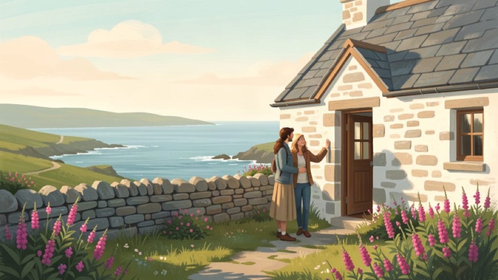 Two friends greeting at a cottage door on the Connemara coast in Ireland
