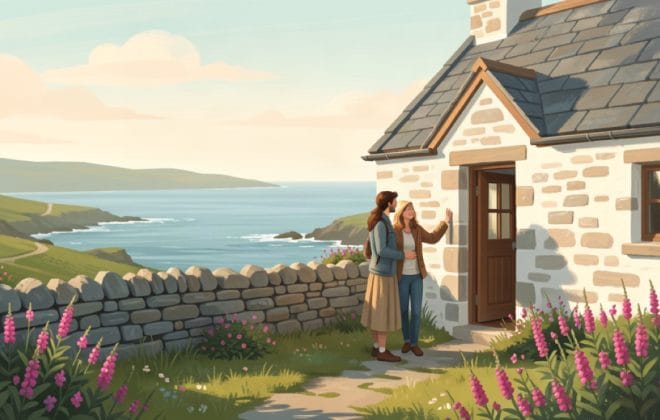 Two friends greeting at a cottage door on the Connemara coast in Ireland