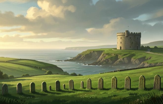 A serene Irish coastal landscape with a round stone tower and green fields by the Atlantic