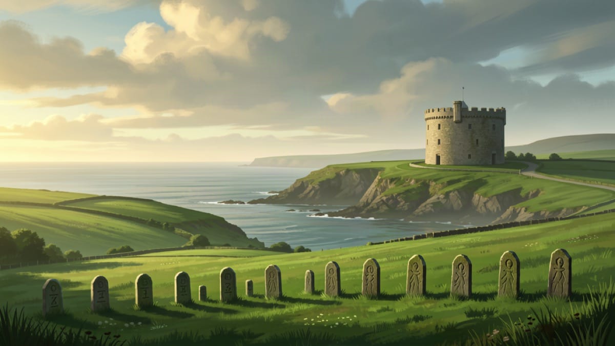 A serene Irish coastal landscape with a round stone tower and green fields by the Atlantic