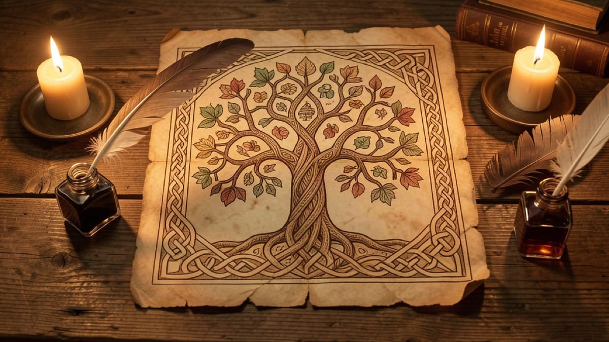 Family genealogy tree on parchment decorated with Celtic knotwork