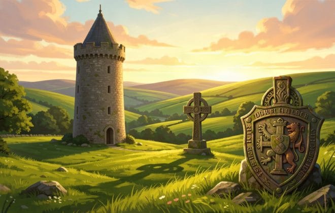 Irish round tower and Celtic high cross in green countryside at golden hour