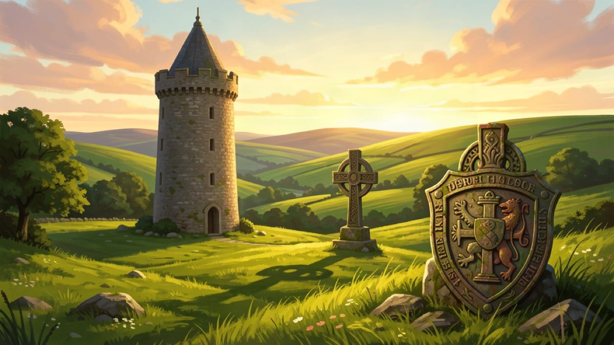 Irish round tower and Celtic high cross in green countryside at golden hour
