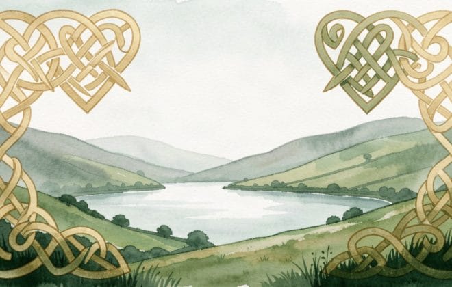 Celtic knotwork hearts over a misty Irish landscape with hills and a lake