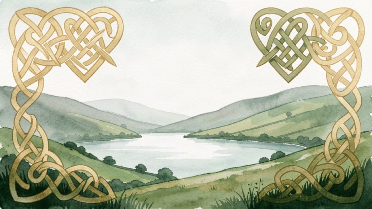 Celtic knotwork hearts over a misty Irish landscape with hills and a lake