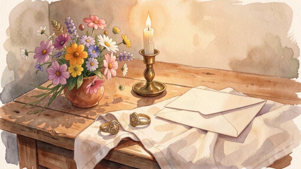 Still life with a candle, pressed wildflowers and a Claddagh-style ring