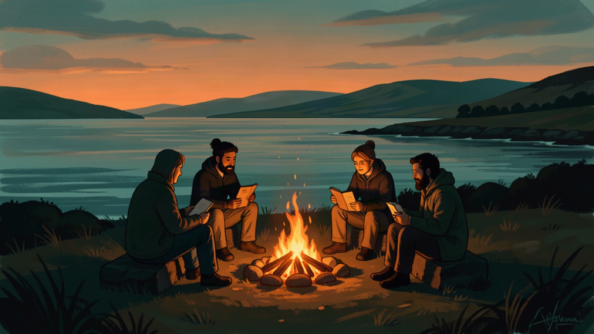 People sharing stories around a campfire on a Highland shore at twilight