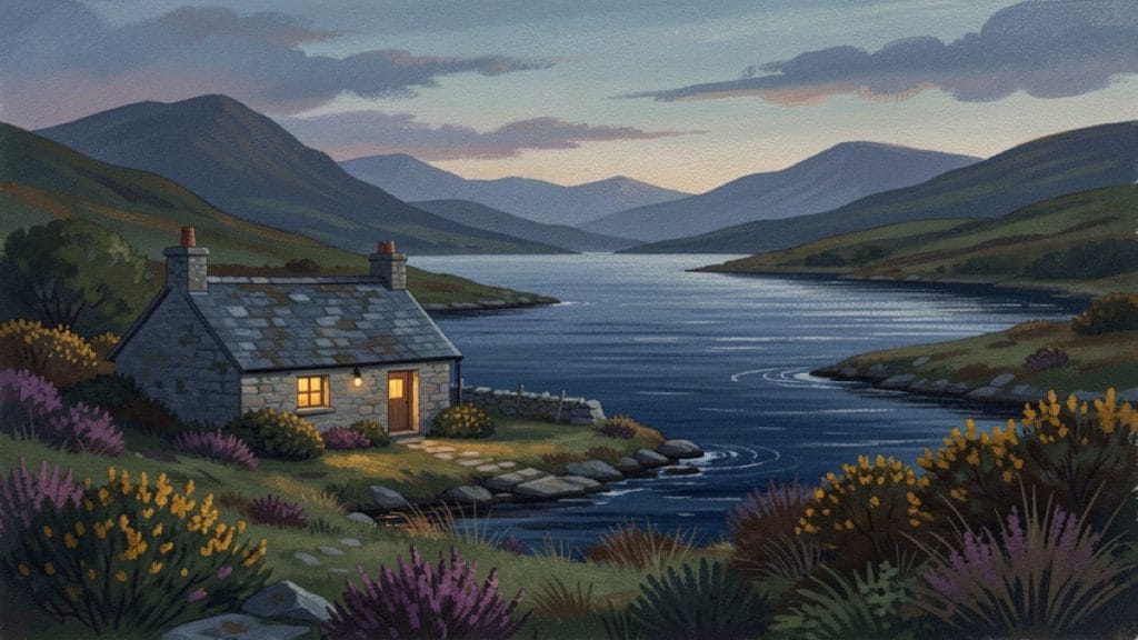 A Scottish Highland croft with a lit window beside a loch at dusk