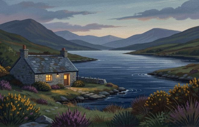 A Scottish Highland croft with a lit window beside a loch at dusk
