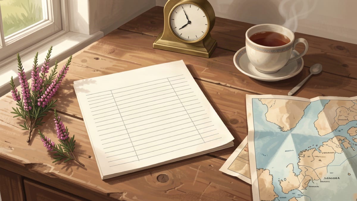 Weekly planner, brass clock and heather on a wooden desk in a Highland cottage
