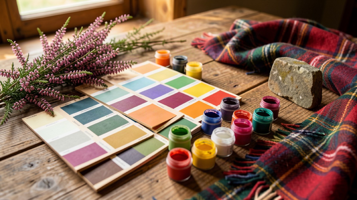 Wooden paint swatch cards and pigment pots on a rustic Highland table with heather