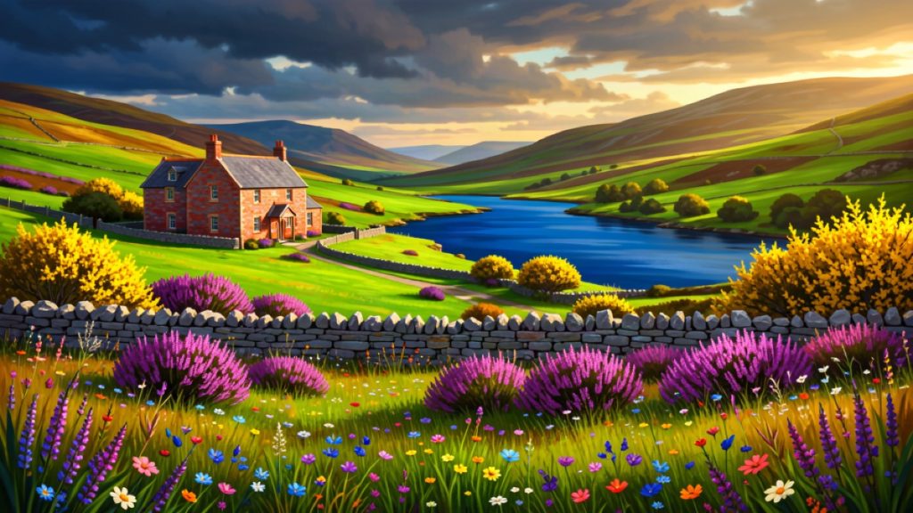 A vibrant Highland glen in full colour with a red cottage, purple heather and a deep blue loch
