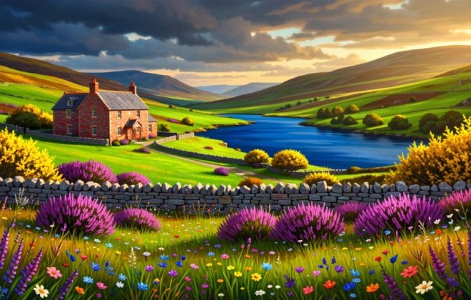 A vibrant Highland glen in full colour with a red cottage, purple heather and a deep blue loch