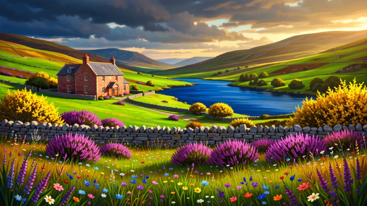 A vibrant Highland glen in full colour with a red cottage, purple heather and a deep blue loch