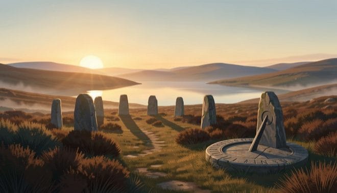 Standing stones and a stone sundial on a Scottish Highland moor at sunrise