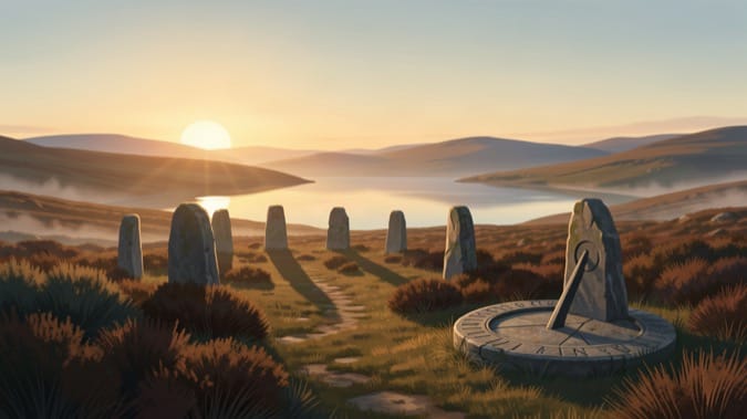 Standing stones and a stone sundial on a Scottish Highland moor at sunrise