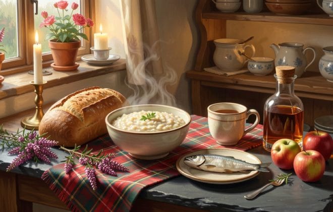 A cosy Scottish kitchen still-life with porridge, bread, tea and a dram of whisky on a slate table