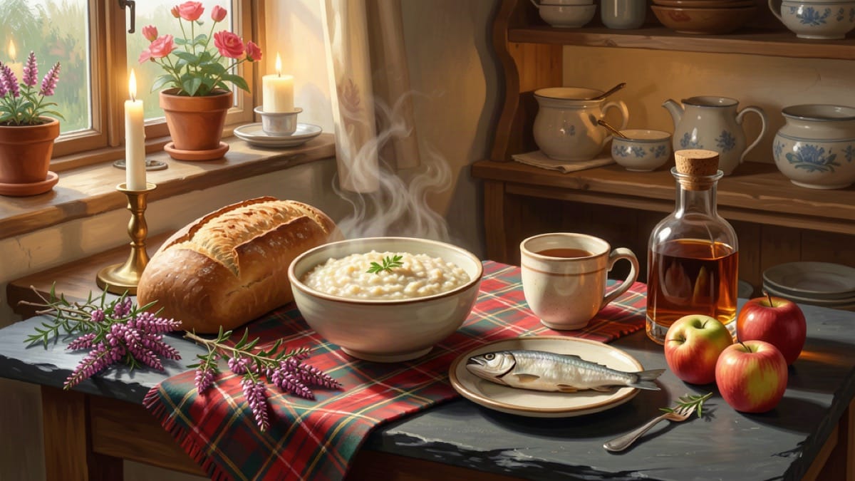 A cosy Scottish kitchen still-life with porridge, bread, tea and a dram of whisky on a slate table