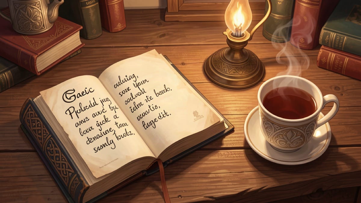 Open Gaelic phrasebook with handwritten words beside a cup of tea