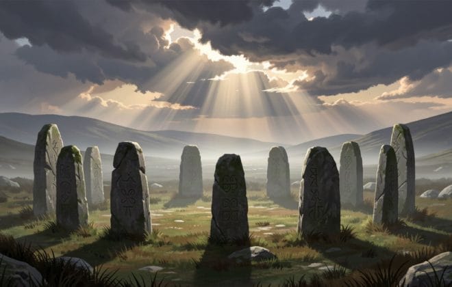 Standing stones in a circle on a misty Scottish moor under shafts of light