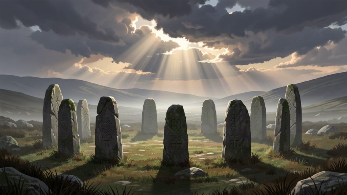 Standing stones in a circle on a misty Scottish moor under shafts of light