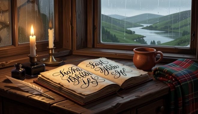 Candlelit desk with an open Gaelic manuscript, quill and ink in a Highland cottage