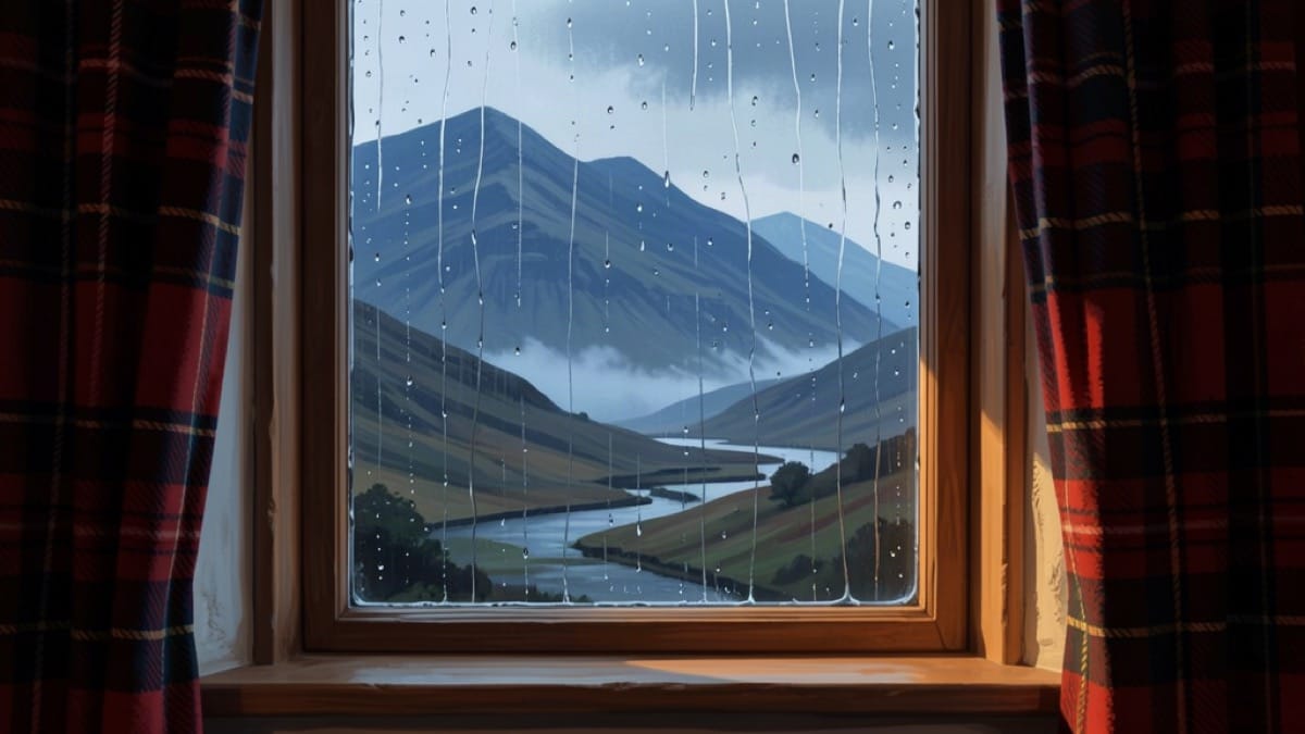 Raindrops on a cottage window looking out at misty mountains