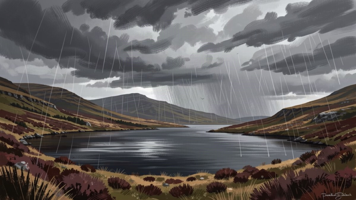 Rainclouds over a dark Highland loch with heather-covered hills