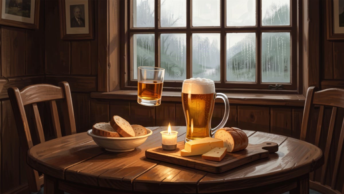A warm Scottish pub table with two glasses of whisky raised in a toast
